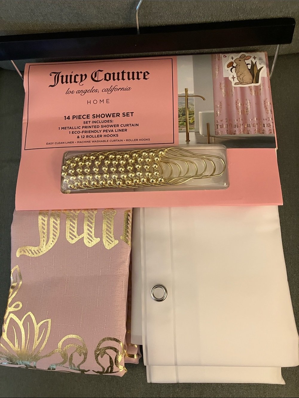 ✨Juicy Couture 14 pc shower set gorgeous pink & gold metallic curtain NWT